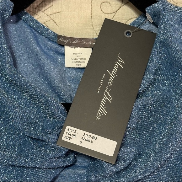 NEW Monique Lhuillier Metallic Stretch-Knit Cape Sz S Crystal Button Azure Blue - Picture 7 of 9
